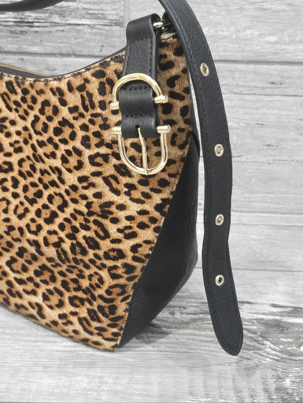 TALBOTS Animal/Leopard Print Calf Hair Pebbled Leather Hobo Style Handbag